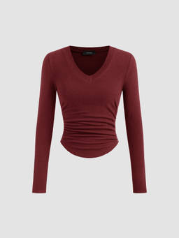 Cider - Cotton-Blend Women's Ruched V-Neck Thermal Top Wine