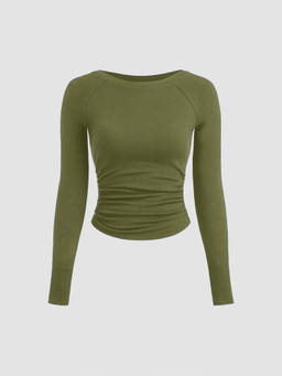 Cider - Cotton-Blend Women's Ruched Boat Neck Thermal Top Olive