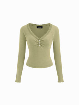 Cider - Thermal Cotton-Blend Women's Lace Trim V-Neck Thermal Top Green