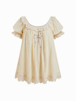 Cider - Cotton Blend Women Floral Embroidered Scoop Neck Babydoll Yellow