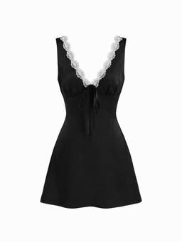 Cider - Satin Lace Women's V-Neck Bow Ruched A-Line Nightdress Black
