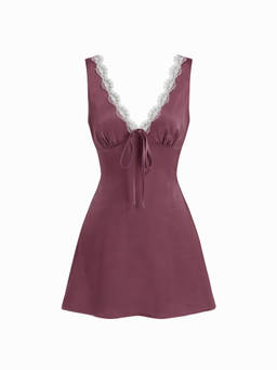 Cider - Satin Women's Lace Trim V-Neck Ruched Nightdress Purple