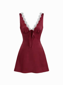 Cider - Satin V-Neck Women Lace Trim Bow Tie Chemise Nightdress Wine