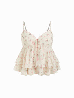 Cider - Chiffon Floral Women's Ruffle Hem Camisole Cream