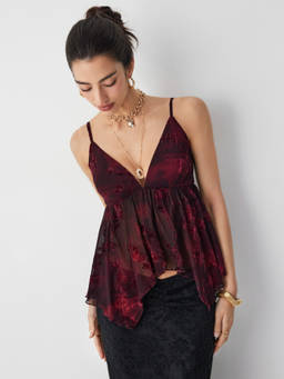 Cider - Flocked Mesh Women’s Floral V-Neck Hanky Hem Cami Top Wine
