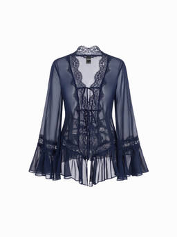 Cider - Chiffon Lace Panel Women's Tie-Up V-Neck Bodysuit Navy Blue