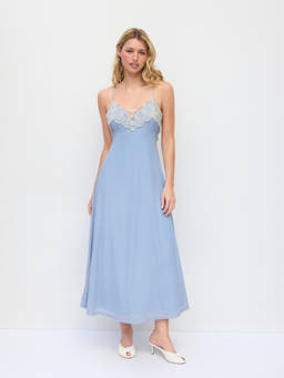 Cider - Sweetheart Lace Trim Women Criss Cross Cami Maxi Nightdress Blue