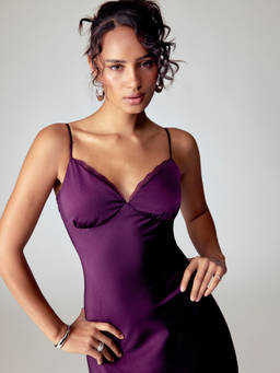 Cider - Satin Women's Lace Trim V-Neck Maxi Nightdress Purple