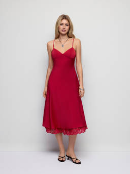 Cider - Satin Women's Lace Trim V-Neck Nightdress Red