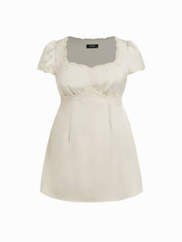 Cider - Lace Panel Women's Square Neck Knotted Mini Nightdress Cream