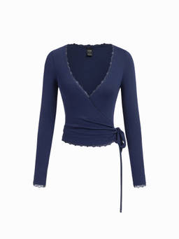 Cider - High Stretch Women Lace Trim V-Neck Knotted Bodysuit Navy Blue
