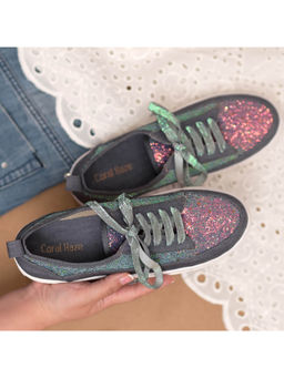 Coral Haze - Denim Blue Rainbow Glitter Sneakers With Shimmer Laces