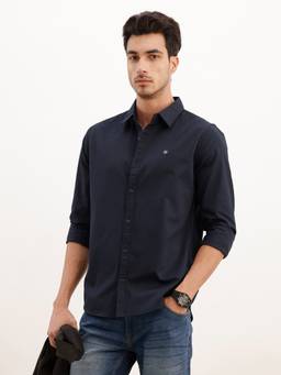 WROGN - Navy Blue Classic Slim Fit Full Sleeve Solid Shirt