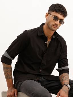 WROGN - Black Solid Regular Fit Full Sleeve Shirt