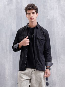 WROGN - Black Solid Regular Fit Cotton Shirt