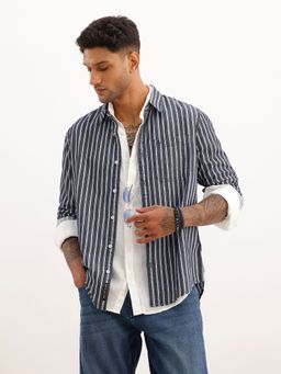 WROGN - Navy Blue Regular Fit Striped Full Sleeve Shirt