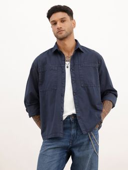 WROGN - Navy Blue Solid Double Pocket Full Sleeve Shirt
