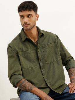 WROGN - Olive Solid Double Pocket Full Sleeve Shirt