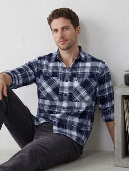 WROGN - Blue Men's Casual Checkered Pattern Double Pocket Shirt