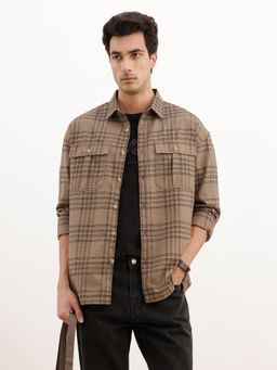 WROGN - Brown Oversized Double Pocket Checkered Shirt