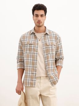 WROGN - Khaki Oversized Grindle Structured Check Double Pocket Shirt