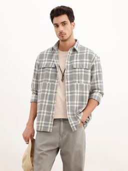 WROGN - Grey Oversized Grindle Structured Check Double Pocket Shirt
