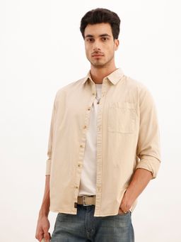 WROGN - Beige Solid Regular Fit Full Sleeve Overdyed Shirt