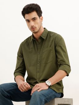 WROGN - Olive Solid Regular Fit Full Sleeve Shirt