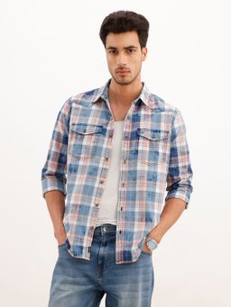 WROGN - Navy Blue Slim Fit Washed Indigo Checkered Shirt
