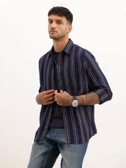 WROGN - Navy Blue Classic Slim Fit Striped Shirt