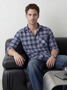 WROGN - Navy Blue Refined Checks Slim Fit Signature Embroidery Shirt