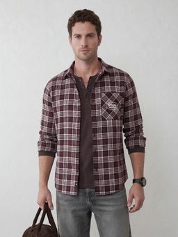 WROGN - Brown Refined Checks Slim Fit Signature Embroidery Shirt