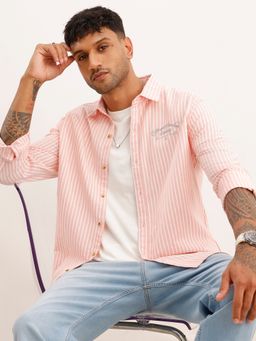 WROGN - Pink Slim Fit Striped Embroidery Detail Shirt