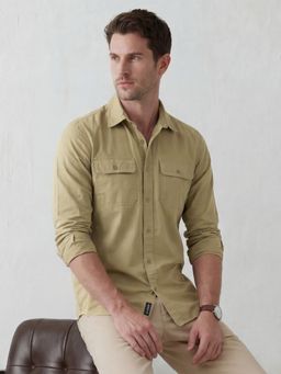 WROGN - Khaki Men's Casual Double Pocket Slim Fit Shirt