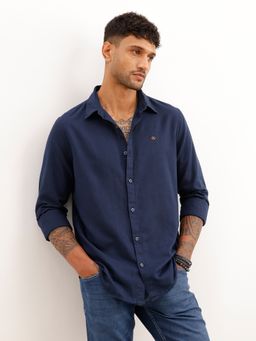 WROGN - Navy Blue Solid Slim Fit Full Sleeve Shirt
