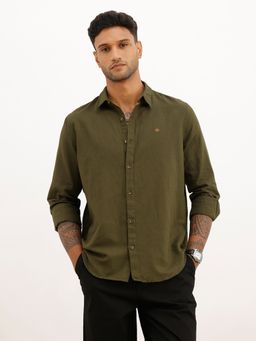 WROGN - Olive Solid Slim Fit Full Sleeve Shirt