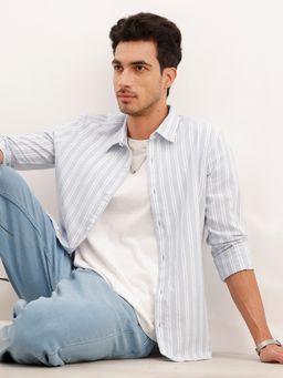 WROGN - Blue Classic Slim Fit Brushed Striped Shirt