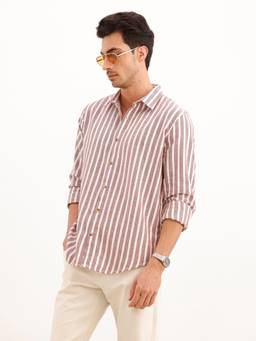WROGN - Wine Classic Slim Fit Twill Striped Shirt