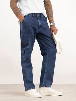 WROGN - Blue Solid Cargo Fit Denim Jeans