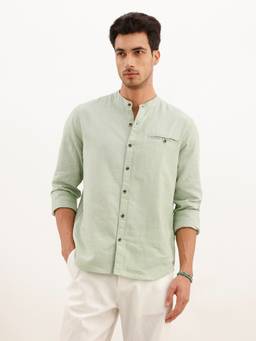 WROGN - Green Solid Slim Fit Mandrin Collar Shirt