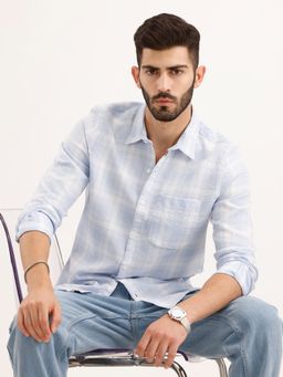 WROGN - Blue Textured Regular Fit Checkered Shirt