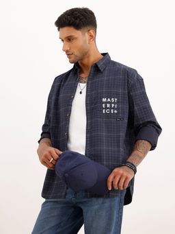 WROGN - Navy Blue Oversized Placement Printed Checkered Shirt