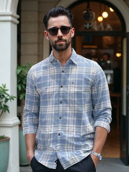 WROGN - Blue Textured Checks Cotton Shirt