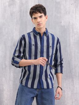 WROGN - Blue Textured Striped Cotton Shirt