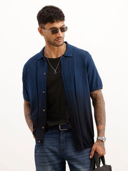 WROGN - Navy Blue Solid Half Sleeve Flat Knit Shirt