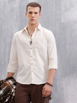 WROGN - Beige Textured Pure Cotton Shirt
