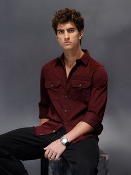 WROGN - Wine Men's Slim Fit Casual Shirt with Double Pocket