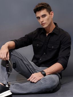WROGN - Black Men's Utility Shirt with Dual Chest Pockets