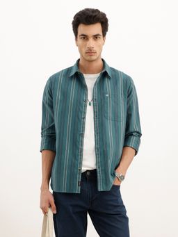 WROGN - Teal Regular Fit Full Sleeve Striped Shirt