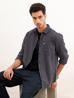 WROGN - Navy Blue Regular Fit Full Sleeve Striped Shirt